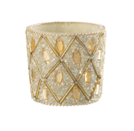 J-Line | Theelichthouder Glas/Kralen Wit/Goudkleurig Ø6x6cm