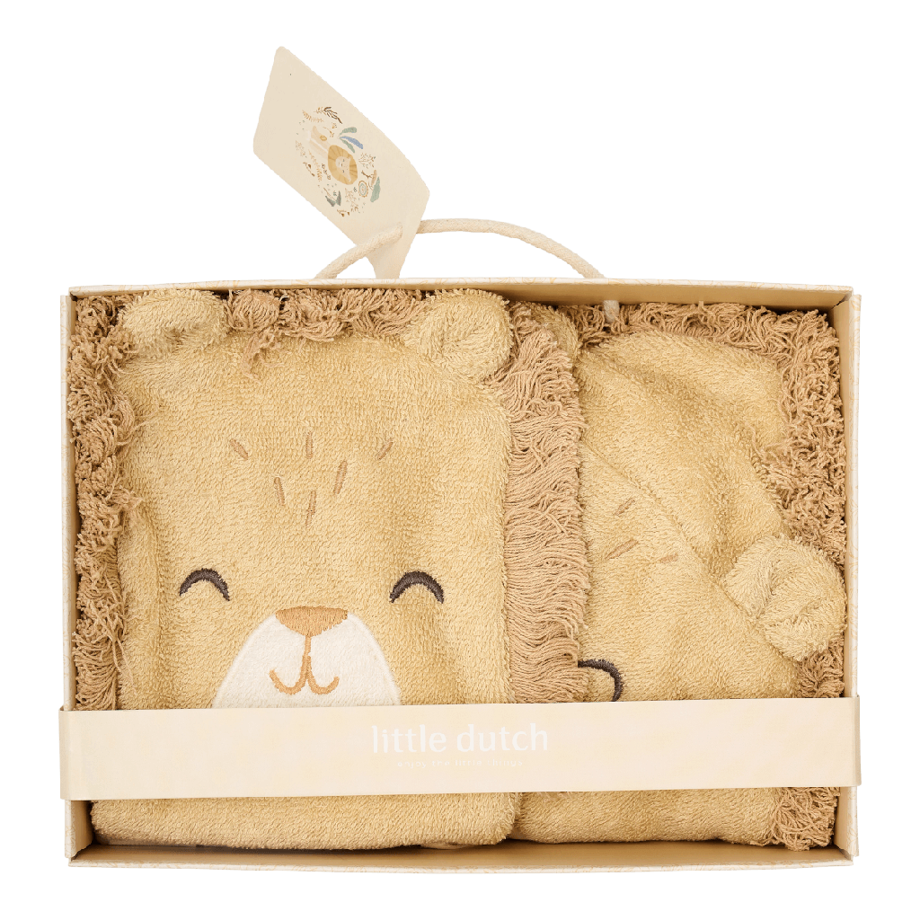 Little Dutch | Giftset Safari Friends Leeuw Badcape/Washandje Geel 