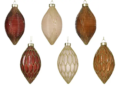 Decoris | Hangfiguur Glas Olijf Transparent Gold Lines  Ecru/Bruin Ø6,5x13,5cm Assortiment