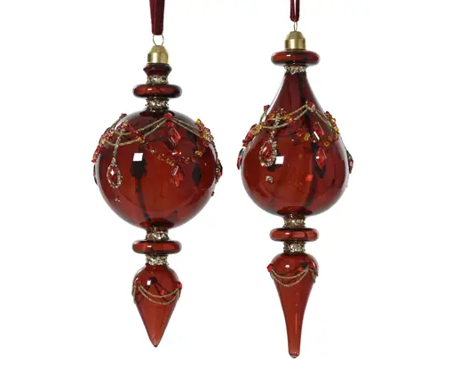 Decoris | Hangfiguur Glas Ornament Glitter/Beads/Diamonds Ossenbloed Ø8x18cm Assortiment 