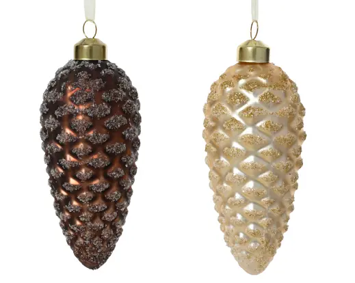 Decoris | Hangfiguur Glas Dennenappel Matt Transparant Beads Bruin/Ecru Ø6x12cm Assortiment 