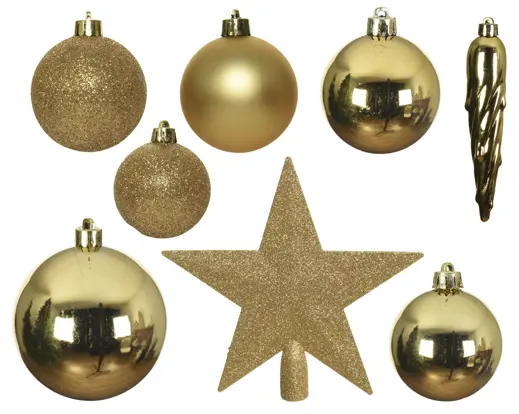 Decoris | Hangfiguur Decoratiepakket Licht Goud Piek/Kerstballen/Pegels 33-delig