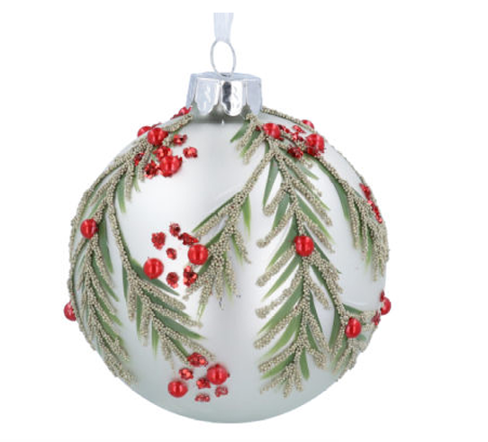 Gisela Graham | Kerstbal White Ball Red Berry Sprays Glas                                