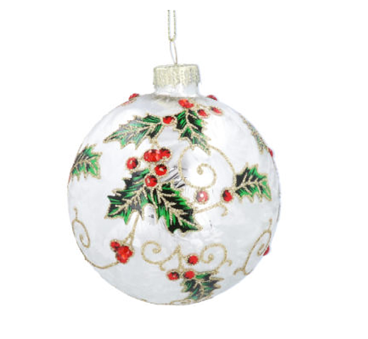 Gisela Graham | Kerstbal White/Holly Vines Glas 8cm        