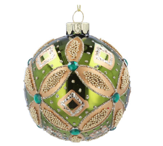 Gisela Graham | Kerstbal Green/Gold Beaded Trellis Jewel Glas