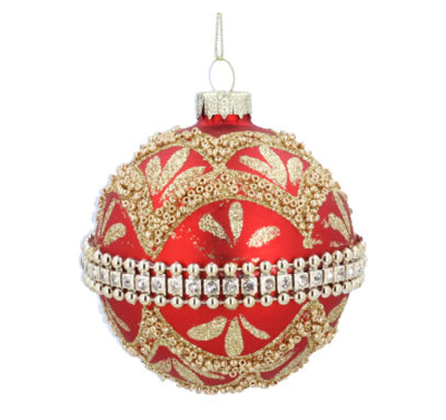 Gisela Graham | Kerstbal Red/Gold Swags/Diamante Band Glas 8cm  