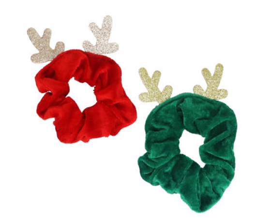 Gisela Graham | Haarelastiek Glitter Antler Red/Green Scrunchie 2-pack       