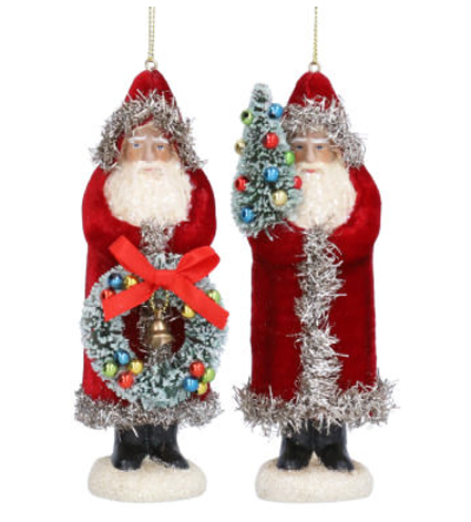 Gisela Graham | Hangfiguur  Vintage Santa w Tree/Wreath Resin 16cm Assortiment