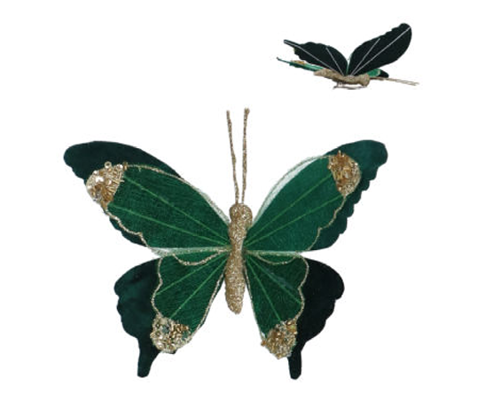 Gisela Graham | Kerstfiguur Clip-on Butterfly Green & Gold 14cm