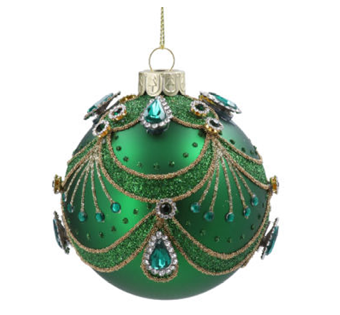 Gisela Graham | Kerstbal Green/Ornate Swags & Jewels Glas 8cm