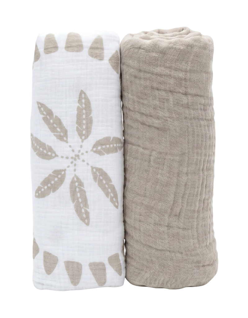 Noukies | Tetra Doek Moon Feathers 100x100cm Wit/Bruin 2-pack