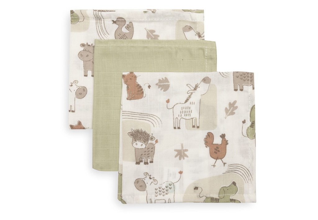 Jollein | Monddoekje Barn Buddies Ecru/Groen 31x31cm 3-pack