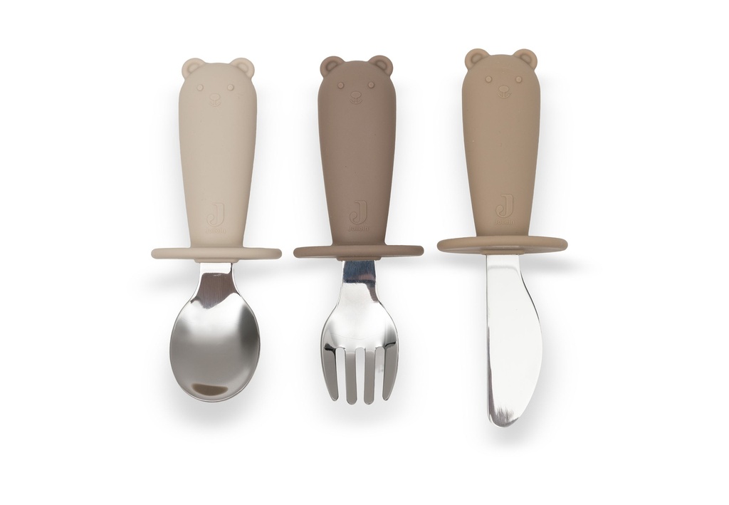Jollein | Bestek Lepel/Vork/Mes Natural Shades Ecru/Bruin Siliconen 3-delig