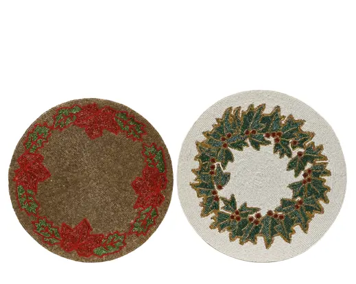 Decoris | Placemat Kerst Beads Rood/Groen/Ecru/Goud Ø35cm Assortiment