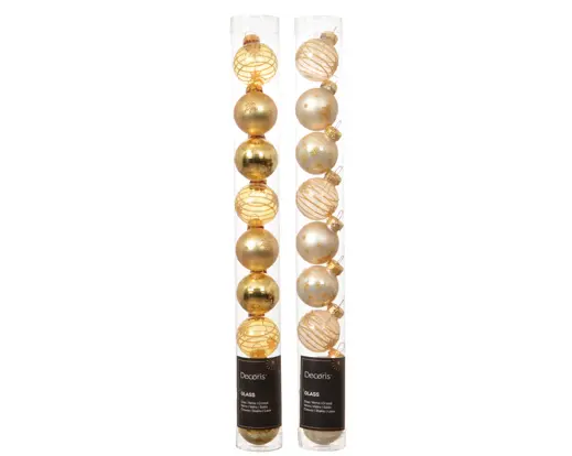 Decoris | Kerstbal Glas Mix Swirl Line/Tree/Star Koker met 9 Ballen Light Gold/Pearl Assortiment
