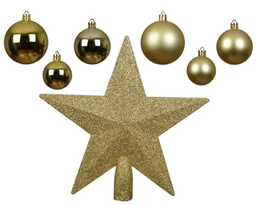 Decoris | Hangfiguur Decoratiepakket Licht Goud Piek/Kerstballen 91-delig