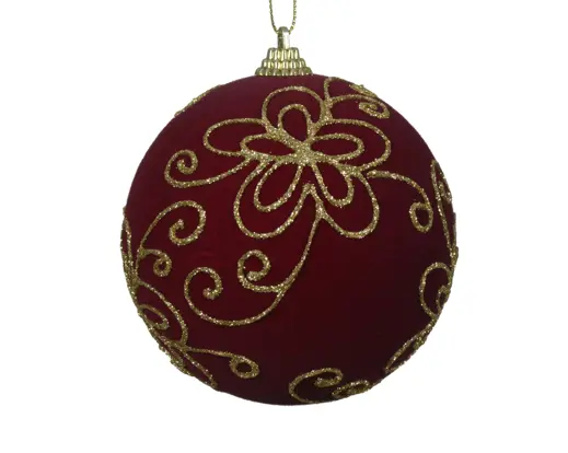 Decoris | Kerstbal Foam Velvet Flower Glitter Ossenbloed/Goud Ø10cm