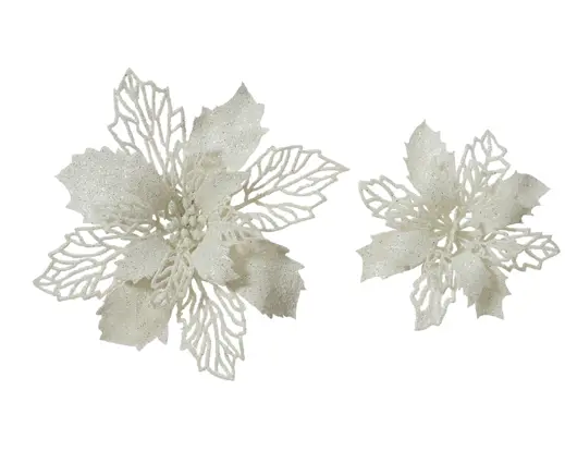 Decoris | Kerstfiguur op Clip Poinsettia Wit Groot/per2 Klein/per3 Assortiment 
