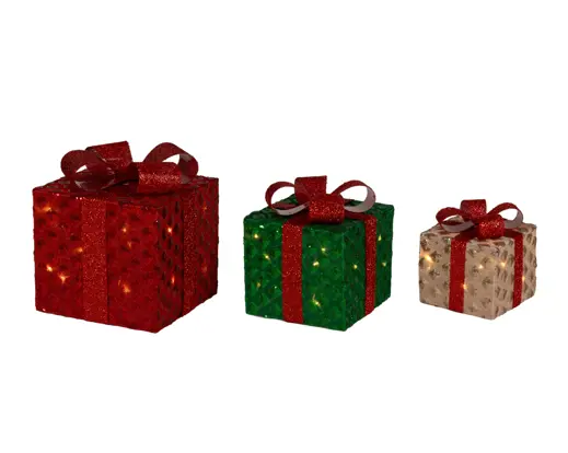 Lumineo | Verlichting Giftbox Stof Rood/Groen/Ecru Warm Wit Buiten 3-pack