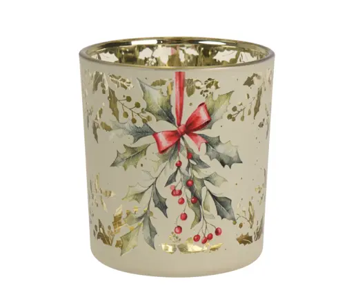 Decoris | Theelichthouder Glas Holly Berry Ø7,3x8cm