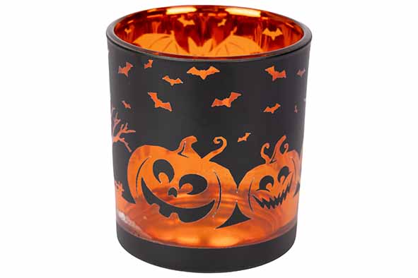 Cosy & Trendy | Theelichthouder Halloween Glas Oranje/Zwart Ø7x8cm