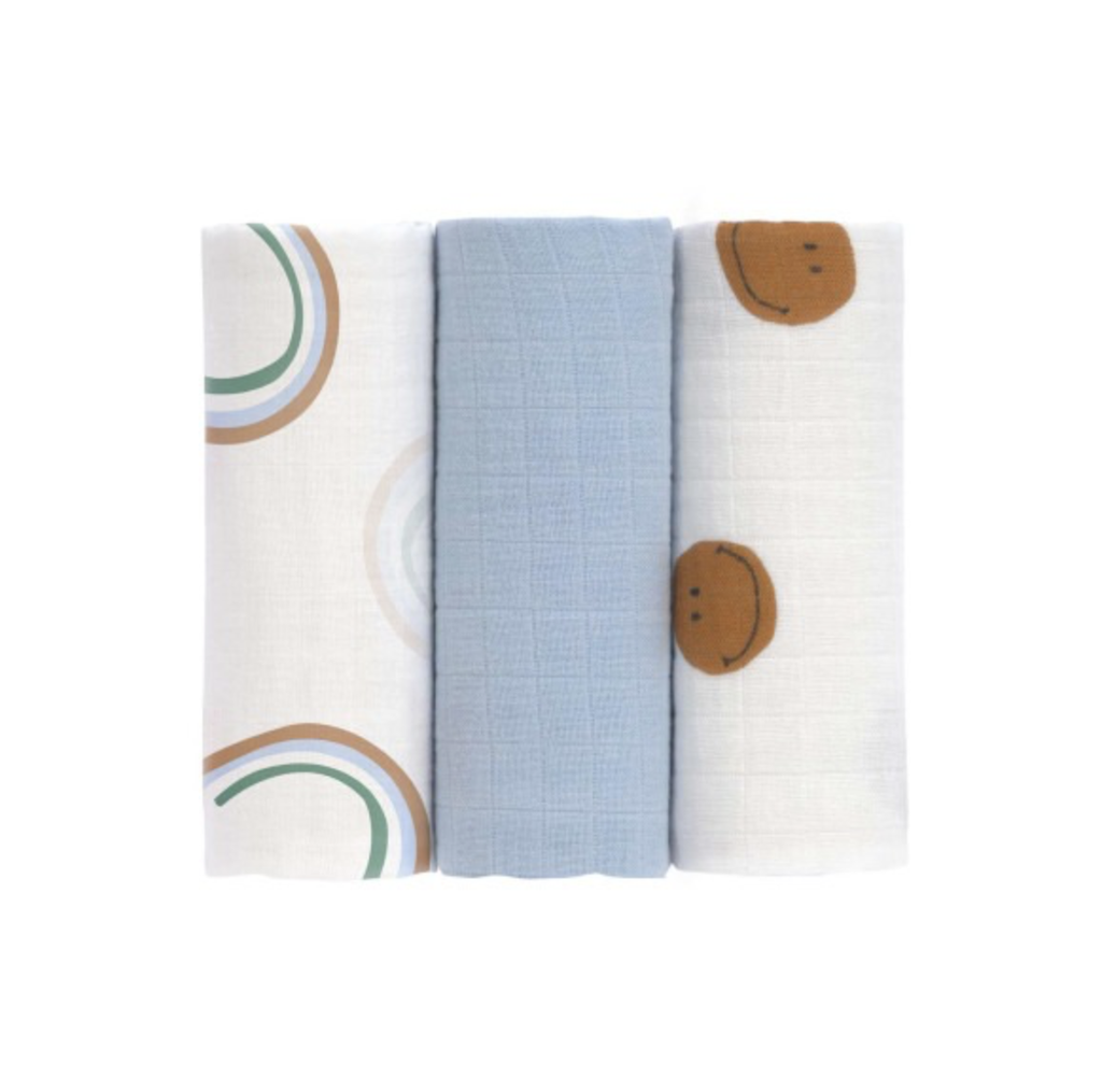 Laessig | Tetra Doek Happy Rascals Smile, sky blue,Swaddle & Burp Blanket,60x60cm
