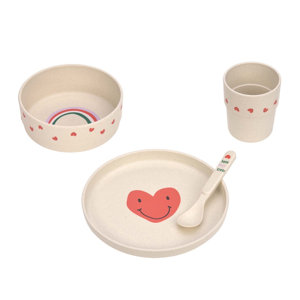 EETSET, Dish Set, Happy Rascals Heart, lavender, PP/Cellulose, 4 delig: plat lepel, drinkbeker, 2023