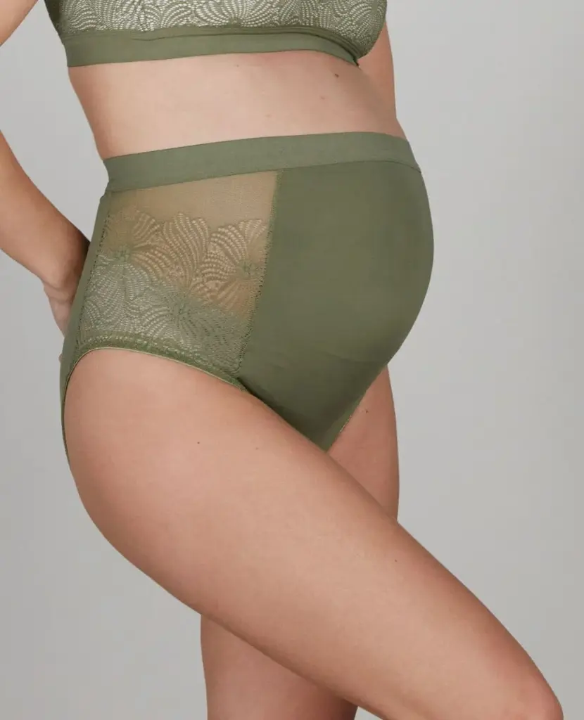 SLIP, Dahlia, kaki, S, groen, uni/ broderie print, met buikband