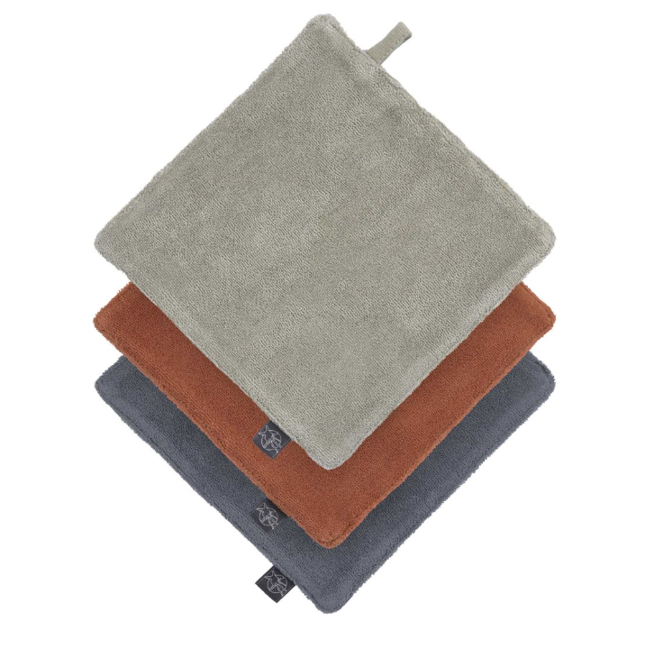 MONDDOEK, 16x16cm, Washcloth, Muslin olive/Muslin rust/Muslin anthracite, uni, tetra/badstof, 3 stuk(s), 2023