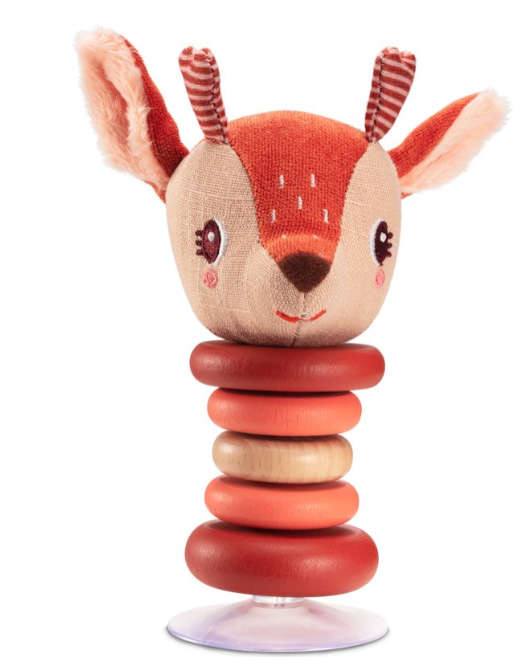 SPEELGOED EETSTOEL, Swingende rammelaar, Stella, oranje, hert, hout/textiel, vanaf 6 maanden, met zuignap