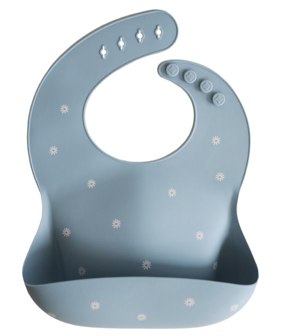 Mushie | Slabbetje met Kruimelvanger White Daisy Siliconen Wit/Blauw