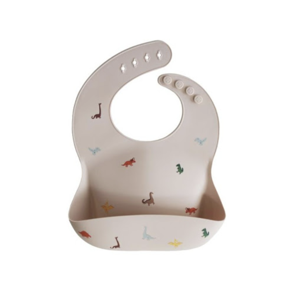 Mushie | Slabbetje met Kruimelvanger Dino Siliconen Ecru