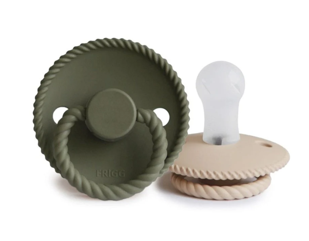 Frigg | Fopspeen Rope Silicone Croissant/Olive T1 0-6M 2-pack