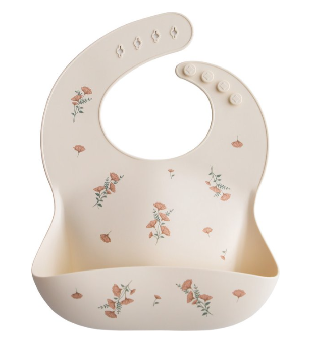 Mushie | Slabbetje met Kruimelvanger Silicone Pink Flowers