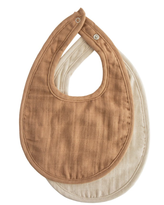 SLABBETJE, Muslin Bib 2-pack, tan/fog, bruin/ecru, uni, drukknopensluiting, tetra, 18.5x29.5cm, 2 stuk(s)