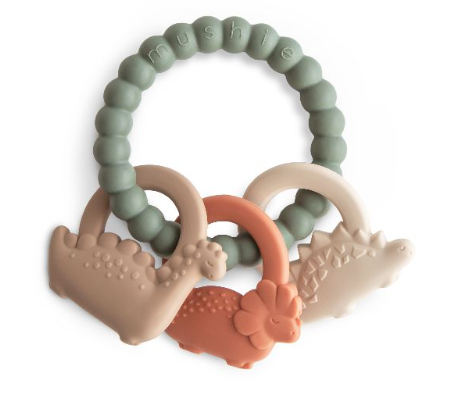 BIJTRING, Teether ring, dino, oranje/groen/ecru, uni, siliconen, vanaf 3 maanden