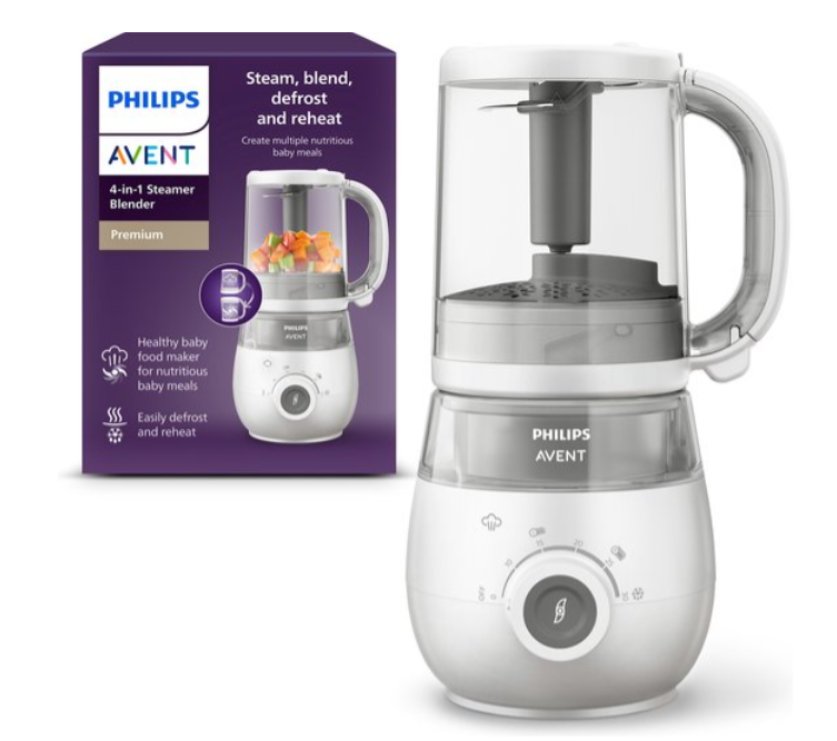 STOOMKOKER, 4 in 1 gezonde babyvoeding maker, stomen/mixen/ontdooien/opwarmen, inh. 1000 ml, potje 120 ml, wit/grijs