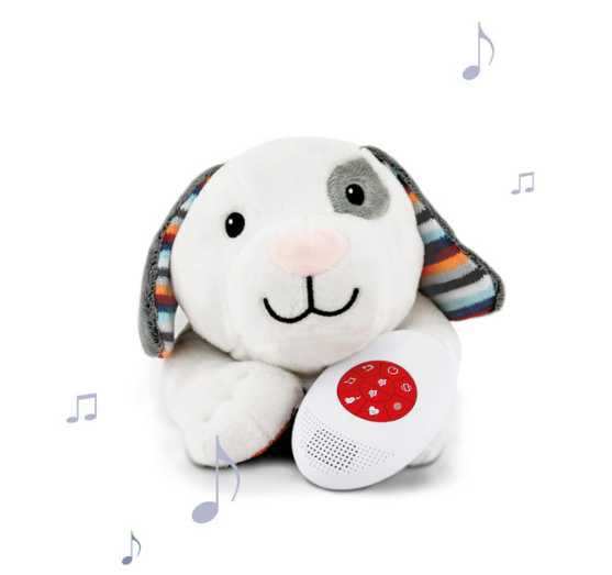 SLAAPKNUFFEL, H15 cm, Dex The Dog, wit/grijs, uni, textiel, +muziek, vanaf 0 maand, Music Box
