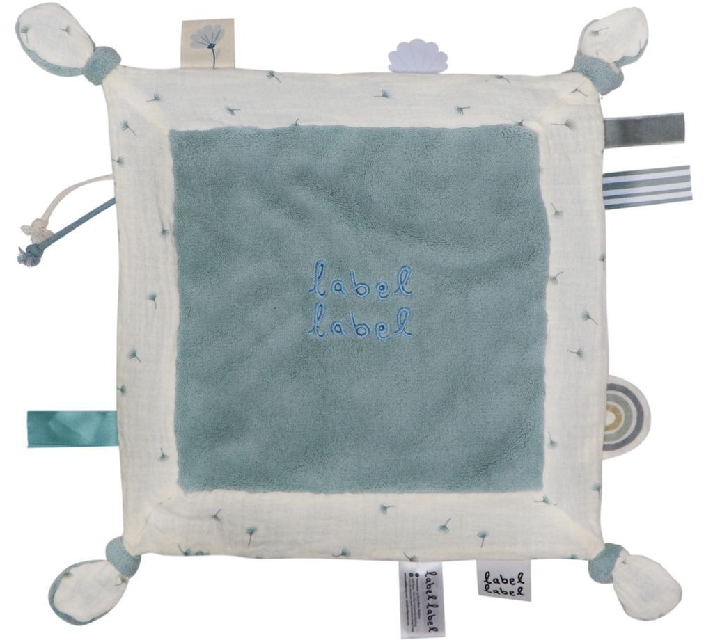 KNUFFELDOEK / DOUDOU, Cuddle Cloth, dandelion blue, uni/broderie label label, textiel, +activities, vanaf 0 m