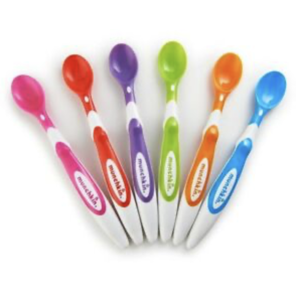 Bestek, lepels, per 6, lange grip, met zachte kunststofschelp, ass. kleuren, Munchkin, op blister