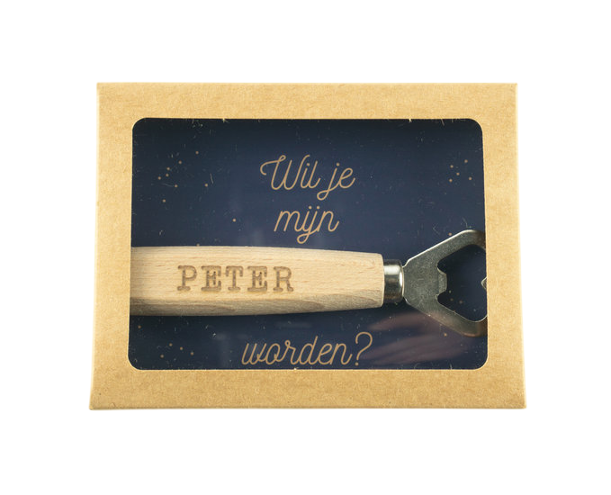 TAFELGEREI, Bottle opener Wil jij mijn peter worden, flesopener, bruin, uni/print , rvs/hout, 1 stuk(s)