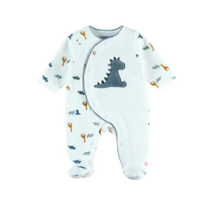 PYJAMA 1-DELIG, Tiga & Stegi, M:68, boys, wit, aop dino, brod dino, V-hals, LM, velours, met voet, nachtkledij