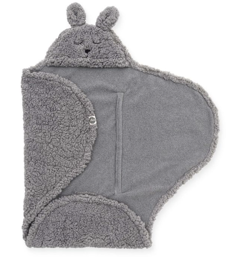 [377000] WIKKELDEKEN, Bunny, storm grey, grijs, teddy/uni coral fleece, gordeluitsparing , 100x105cm, kap, 2020-2021
