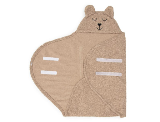 [471265] WIKKELDEKEN, Bear, biscuit, bruin, uni teddy/coral fleece, gordeluitsparing, 100x105cm, velcro, kap voorgevormd
