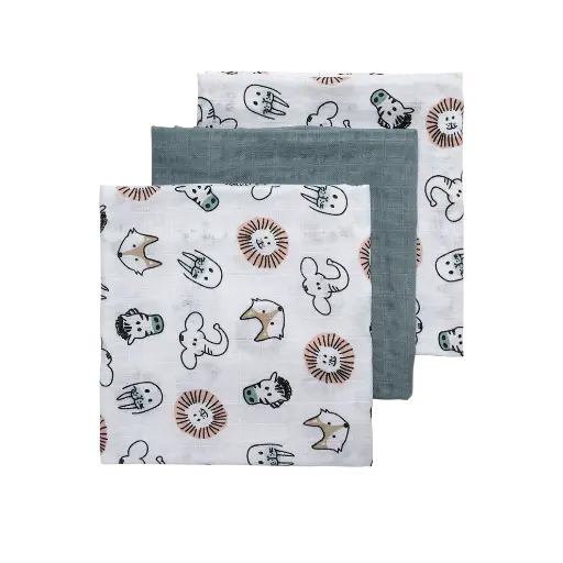 [389959] Meyco | Tetra Doek Animal Stone Green/All Over Dierenprint 70x70cm 3-pack