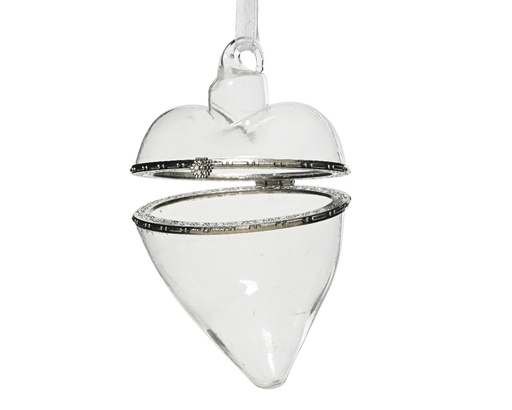 [245561] HANGFIGUUR, hart, 7 x 10 cm, zilver/ transparant, uni, glas, vulbaar, glazen haak, wit organza lint, 1 stuk(s)