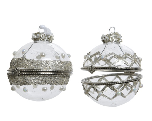 [338972] KERSTBAL, 8 cm, transparant, print glitterband/kruisjes, met parels, glas, glans/glitt., vulbaar, 2 ass., 1 stuk(s)