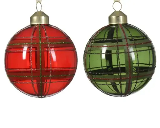 [462259] Decoris | Kerstbal Glas Transparant Glitter Crossing Lines  Rood/Groen Ø8cm Assortiment 
