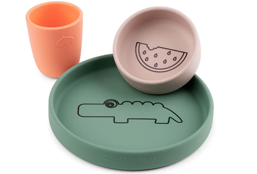 [430222] EETSET, Silicone Dinner Set, Croco, green/powder/coral, siliconen, 3 delig: plat bord, kom, drinkbeker, 2024