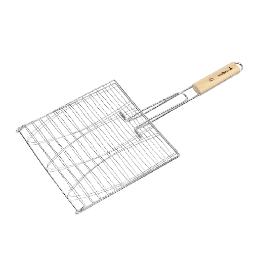 [9717] Barbecook | Rooster Visgrill Verchroomd Staal Vierkant Met Handvat In Rubberhout 2x59x28cm